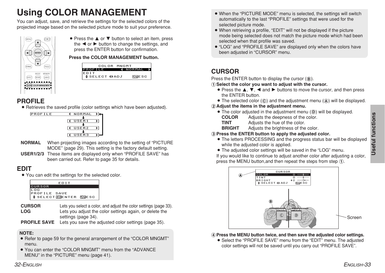 Using color management, Cursor, Profile | Edit | Panasonic PT-AE700U User Manual | Page 17 / 32