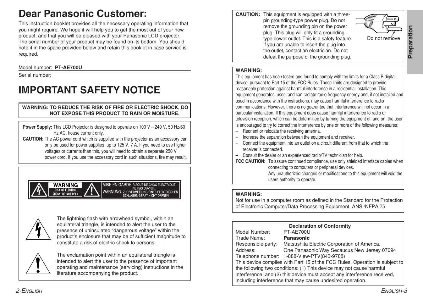 Dear panasonic customer, Important safety notice | Panasonic PT-AE700U User Manual | Page 2 / 32