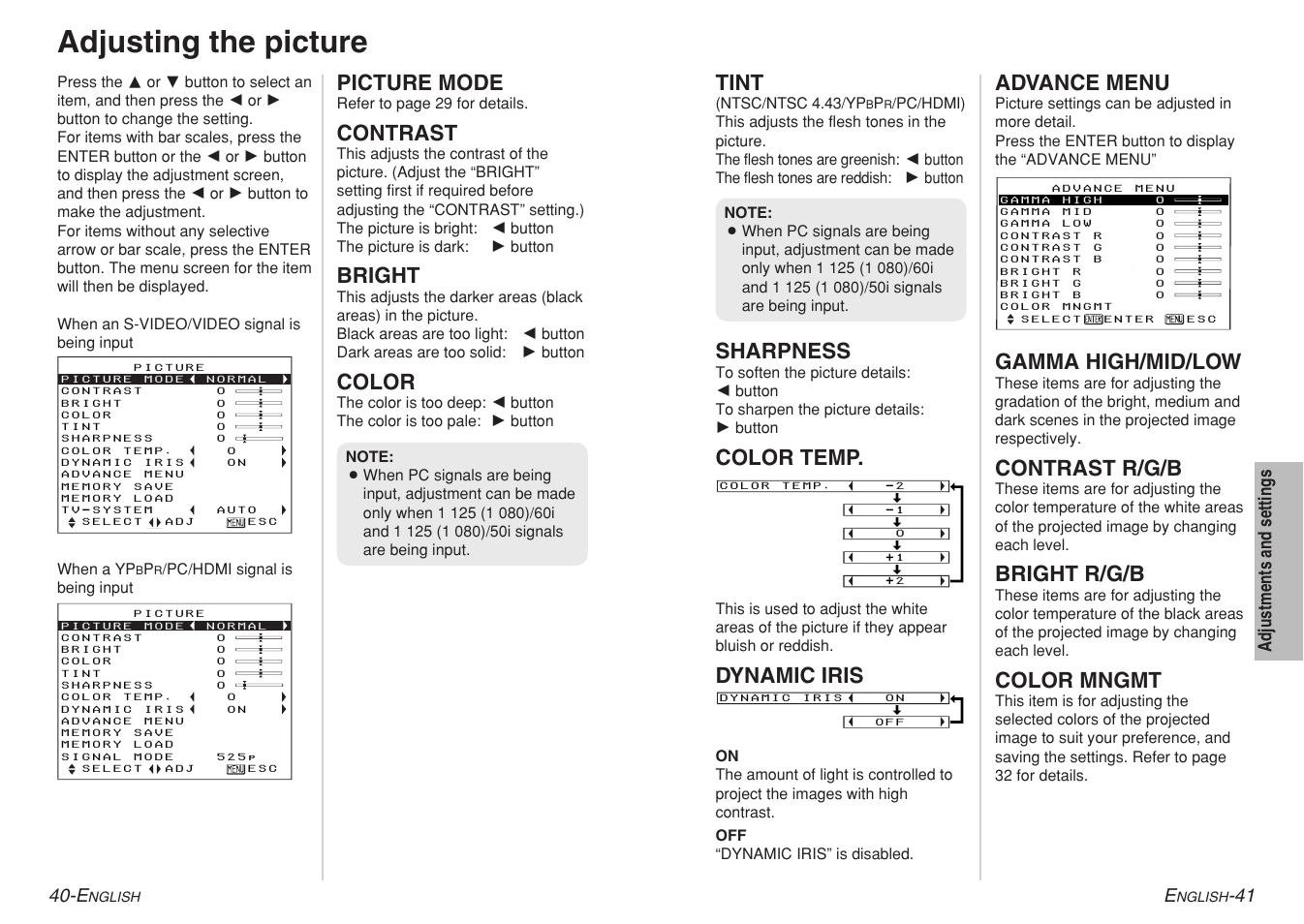 Adjusting the picture, Picture mode, Contrast | Bright, Color, Tint, Sharpness, Color temp, Dynamic iris, Advance menu | Panasonic PT-AE700U User Manual | Page 21 / 32