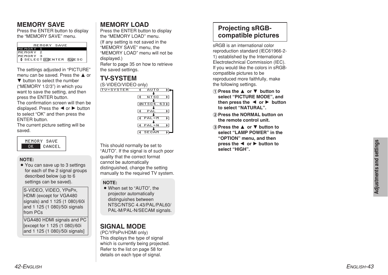 Tv-system, Signal mode, Projecting srgb- compatible pictures | Panasonic PT-AE700U User Manual | Page 22 / 32