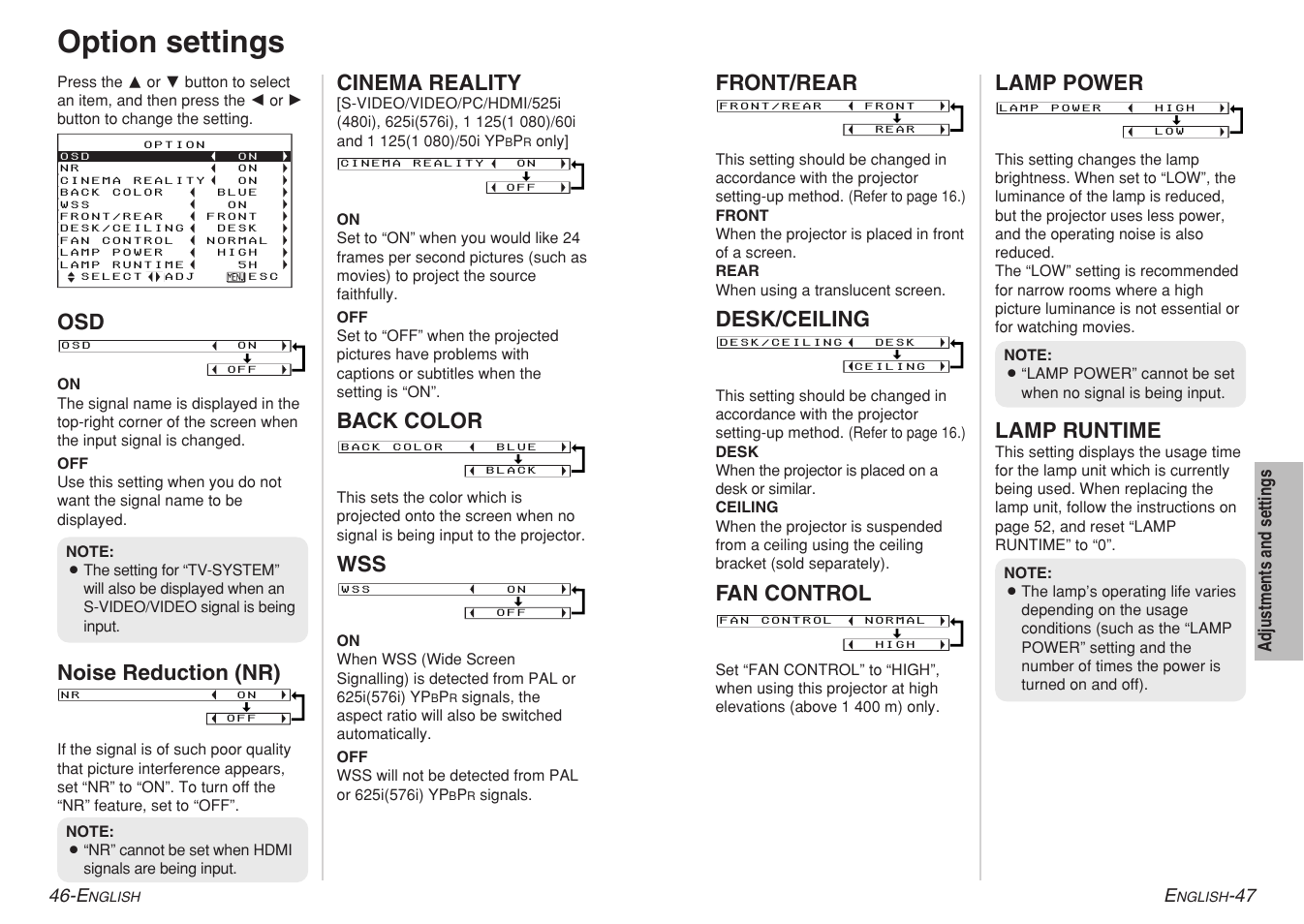 Option settings, Noise reduction (nr), Cinema reality | Back color, Front/rear, Desk/ceiling, Fan control, Lamp power, Lamp runtime | Panasonic PT-AE700U User Manual | Page 24 / 32