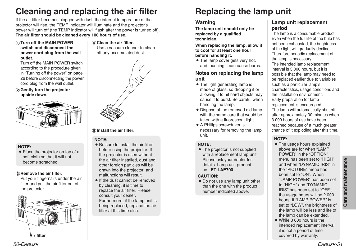 Cleaning and replacing the air filter, Replacing the lamp unit | Panasonic PT-AE700U User Manual | Page 26 / 32