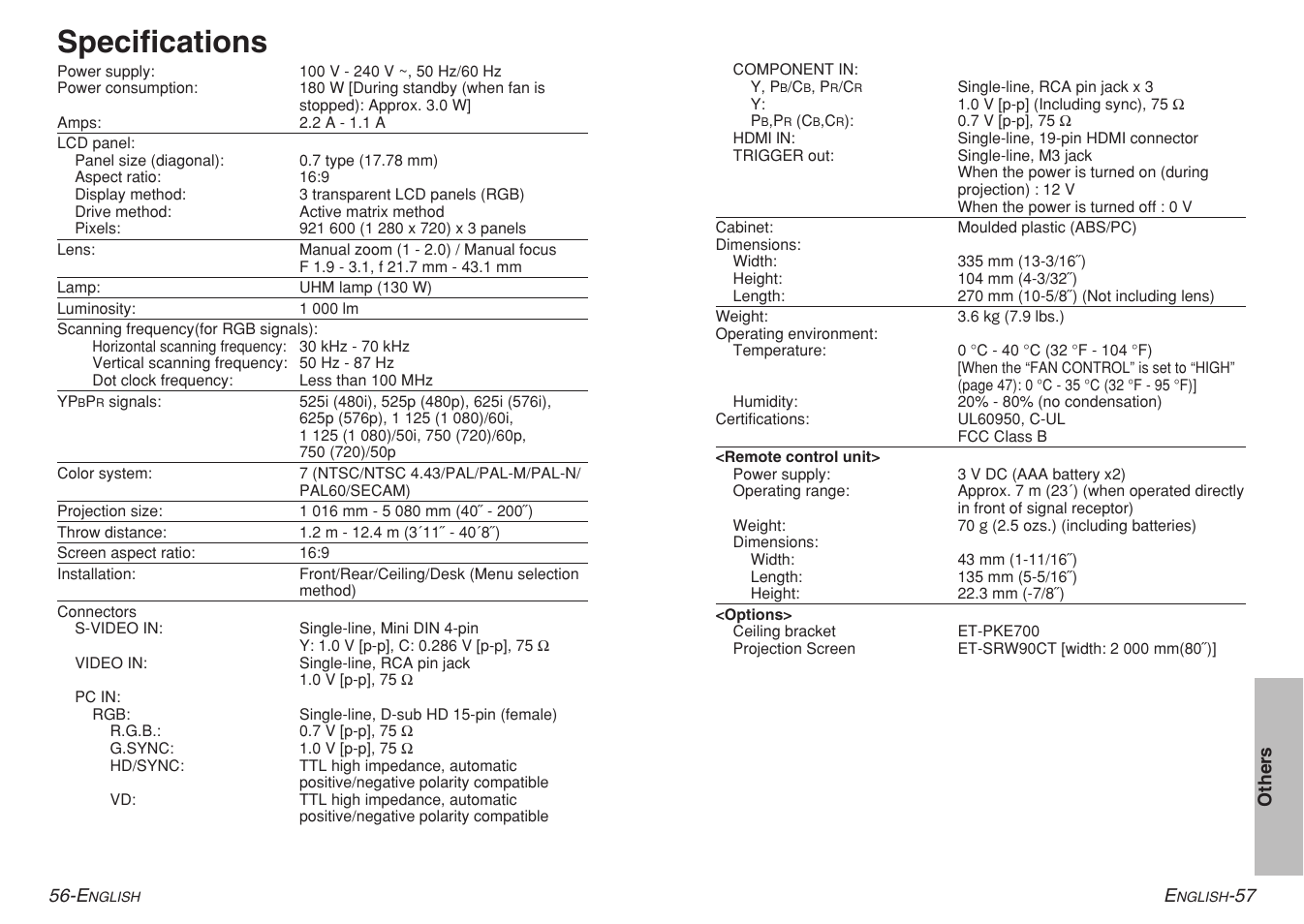 Specifications | Panasonic PT-AE700U User Manual | Page 29 / 32