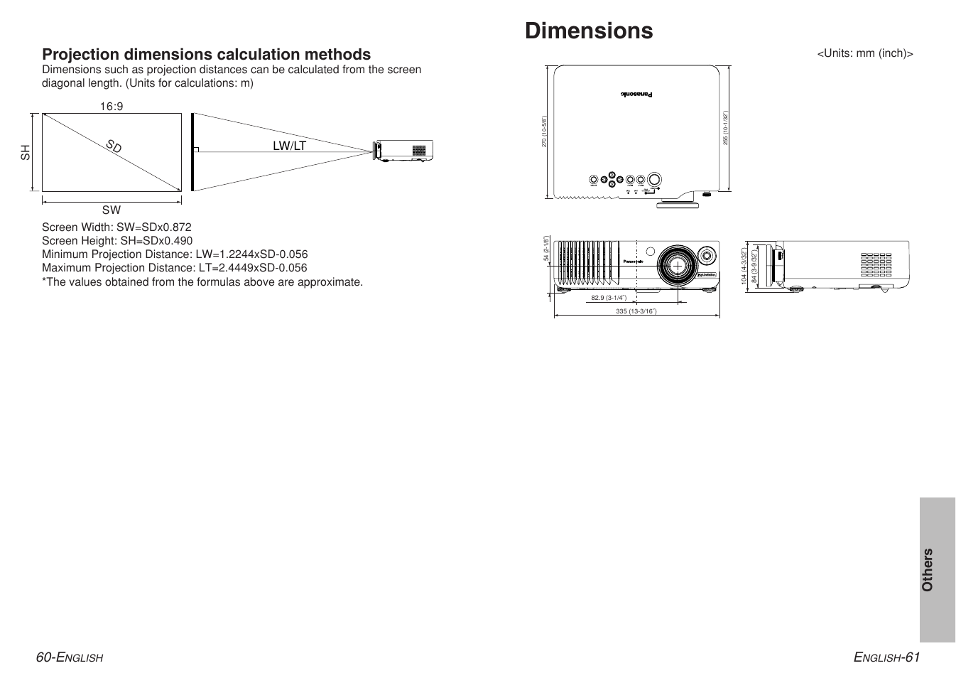 Dimensions, Projection dimensions calculation methods | Panasonic PT-AE700U User Manual | Page 31 / 32