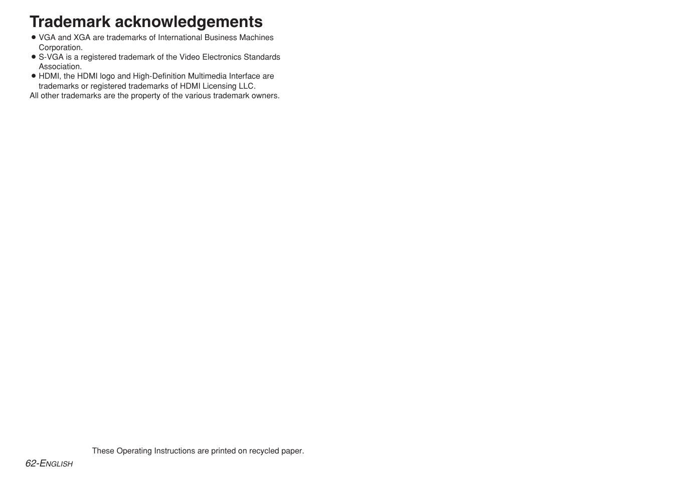 Trademark acknowledgements | Panasonic PT-AE700U User Manual | Page 32 / 32