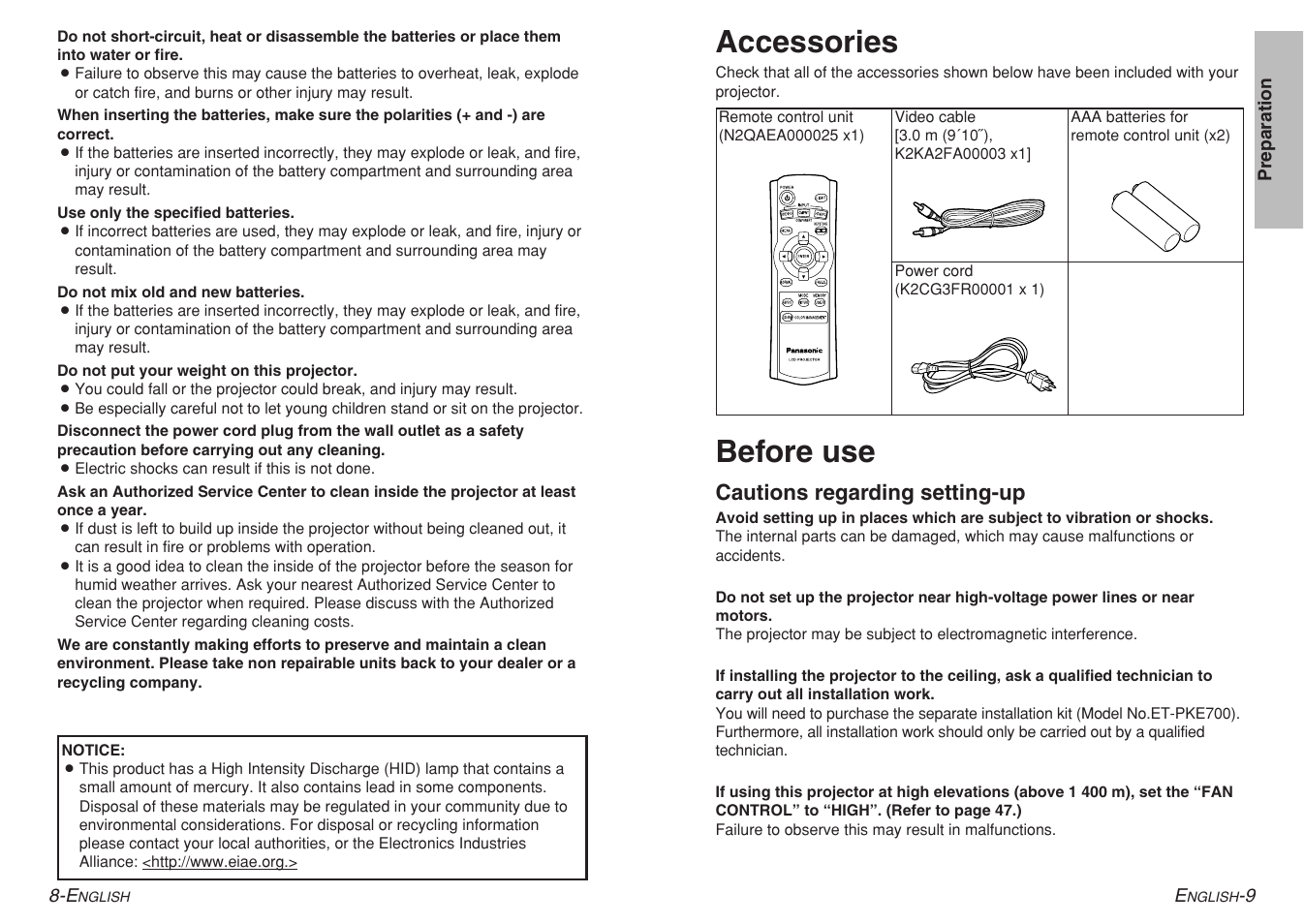 Accessories, Before use | Panasonic PT-AE700U User Manual | Page 5 / 32