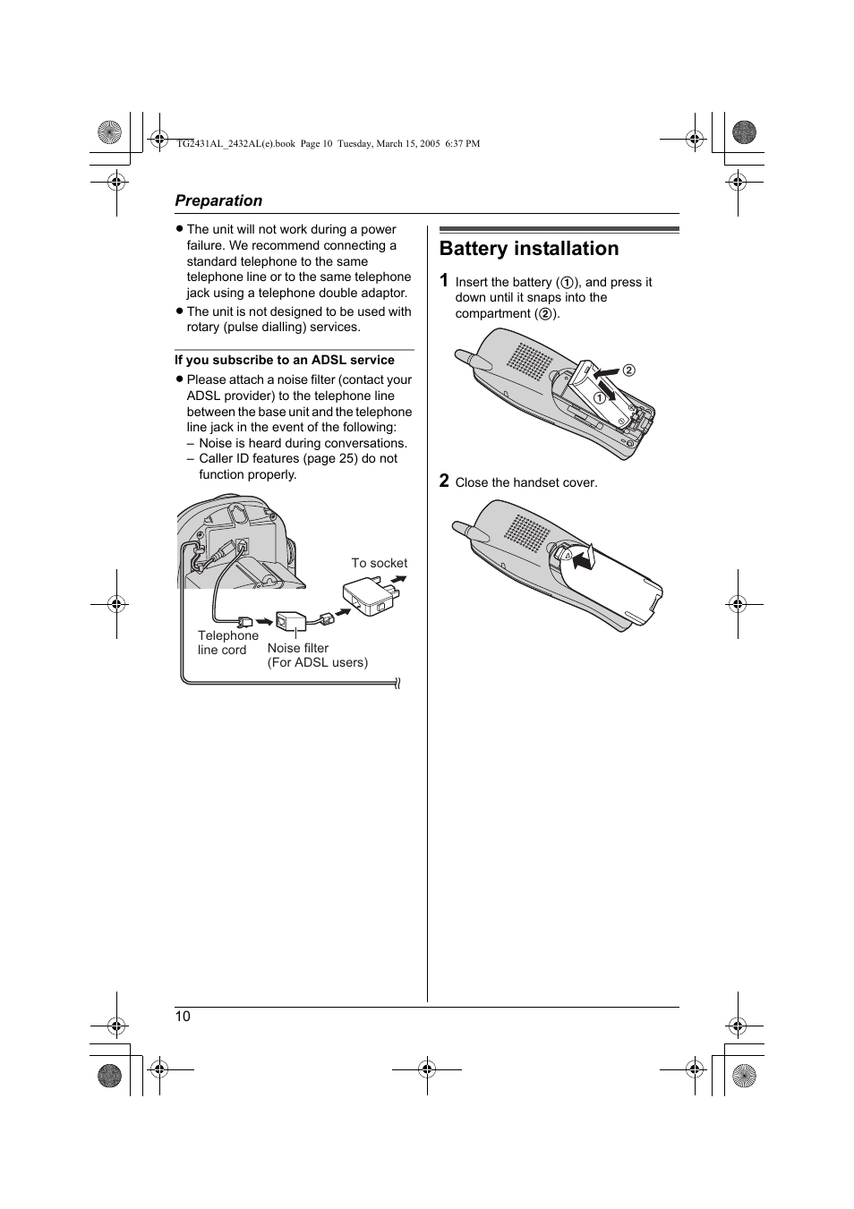 Battery installation | Panasonic KX-TG2432AL User Manual | Page 10 / 64