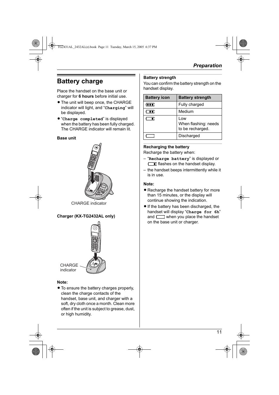 Battery charge | Panasonic KX-TG2432AL User Manual | Page 11 / 64