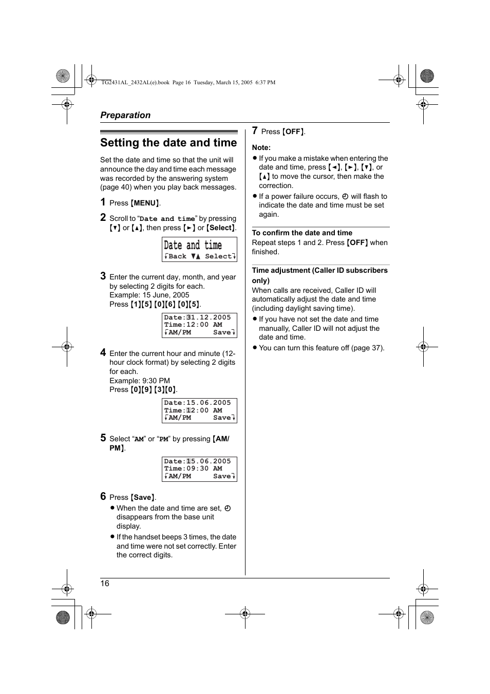 Date and time, Setting the date and time | Panasonic KX-TG2432AL User Manual | Page 16 / 64