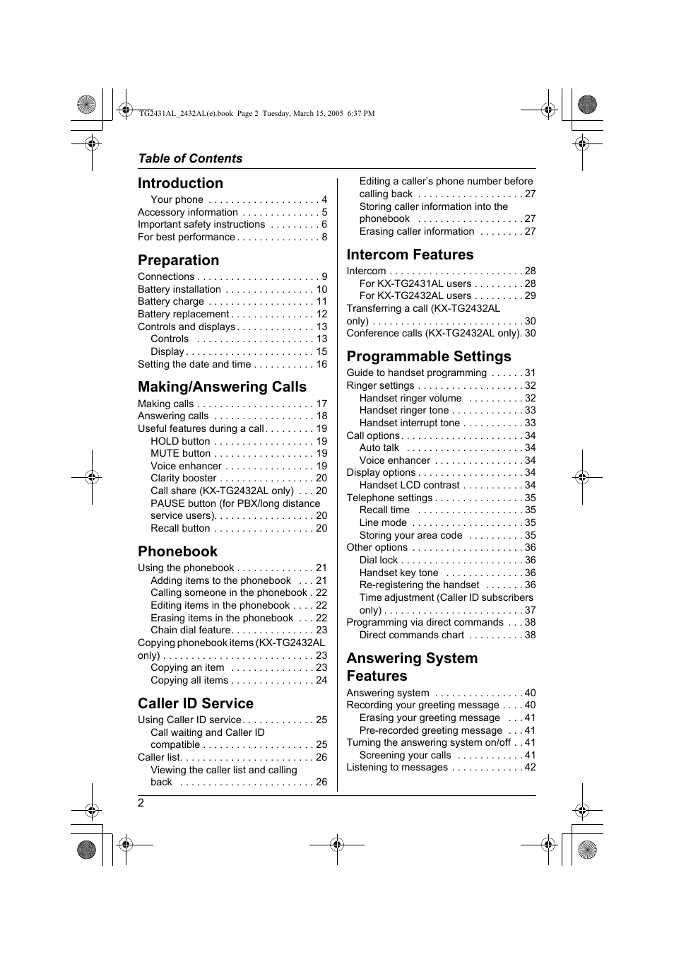 Introduction, Preparation, Making/answering calls | Phonebook, Caller id service, Intercom features, Programmable settings, Answering system features | Panasonic KX-TG2432AL User Manual | Page 2 / 64