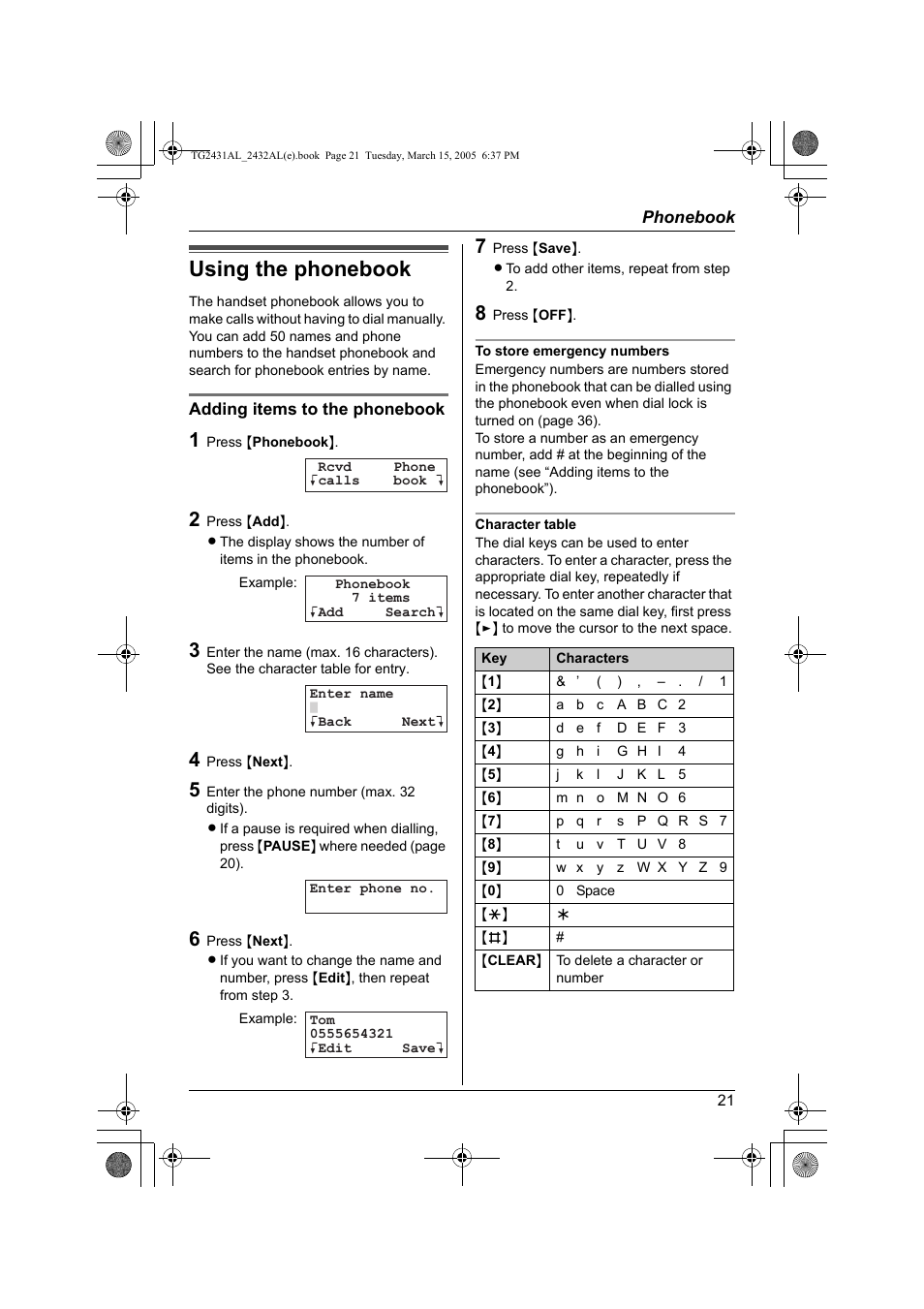 Using the phonebook | Panasonic KX-TG2432AL User Manual | Page 21 / 64