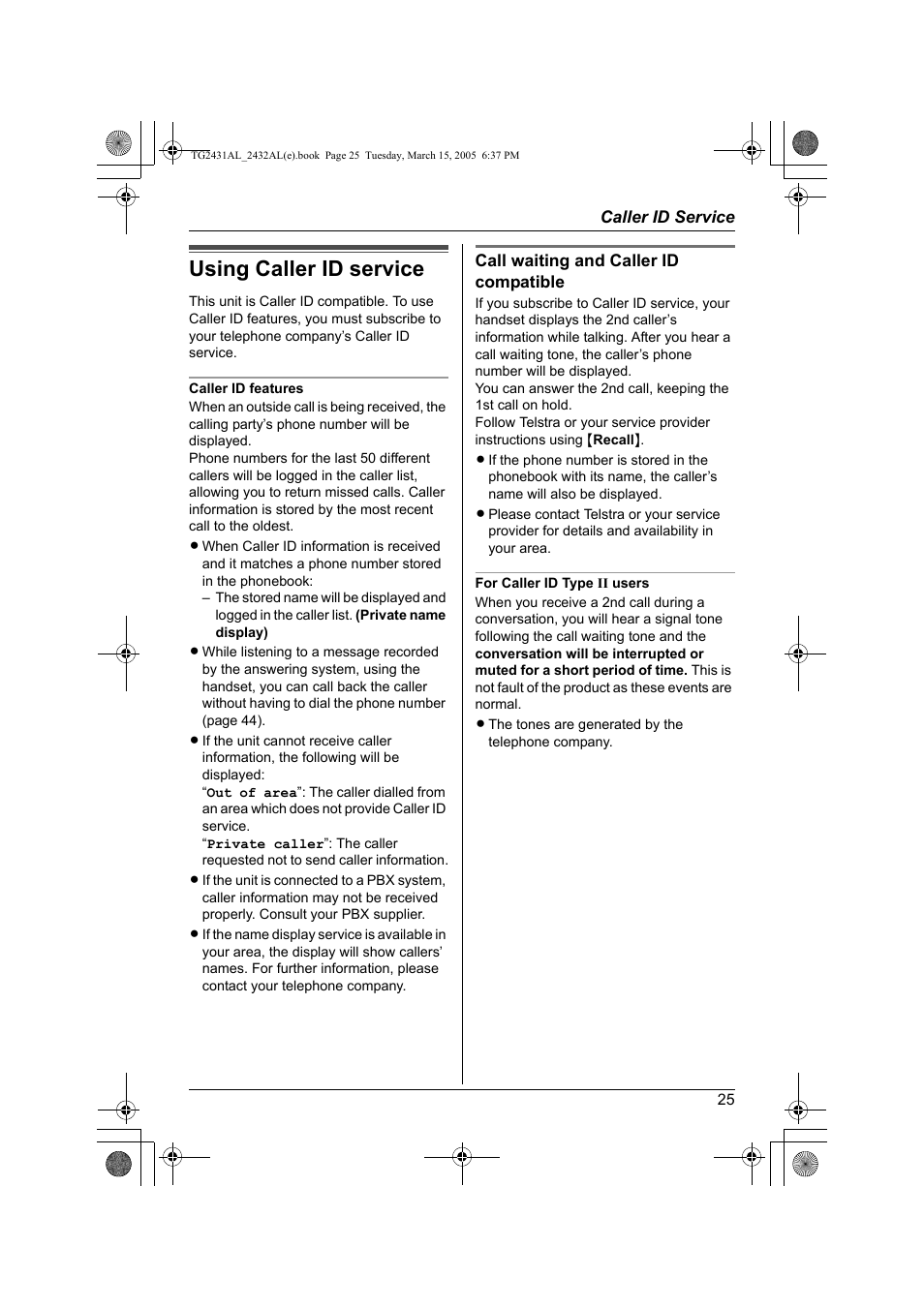 Using caller id service | Panasonic KX-TG2432AL User Manual | Page 25 / 64