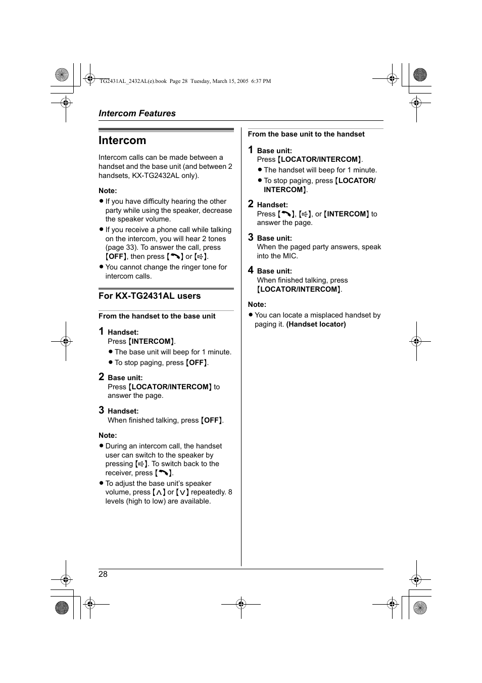 Intercom | Panasonic KX-TG2432AL User Manual | Page 28 / 64