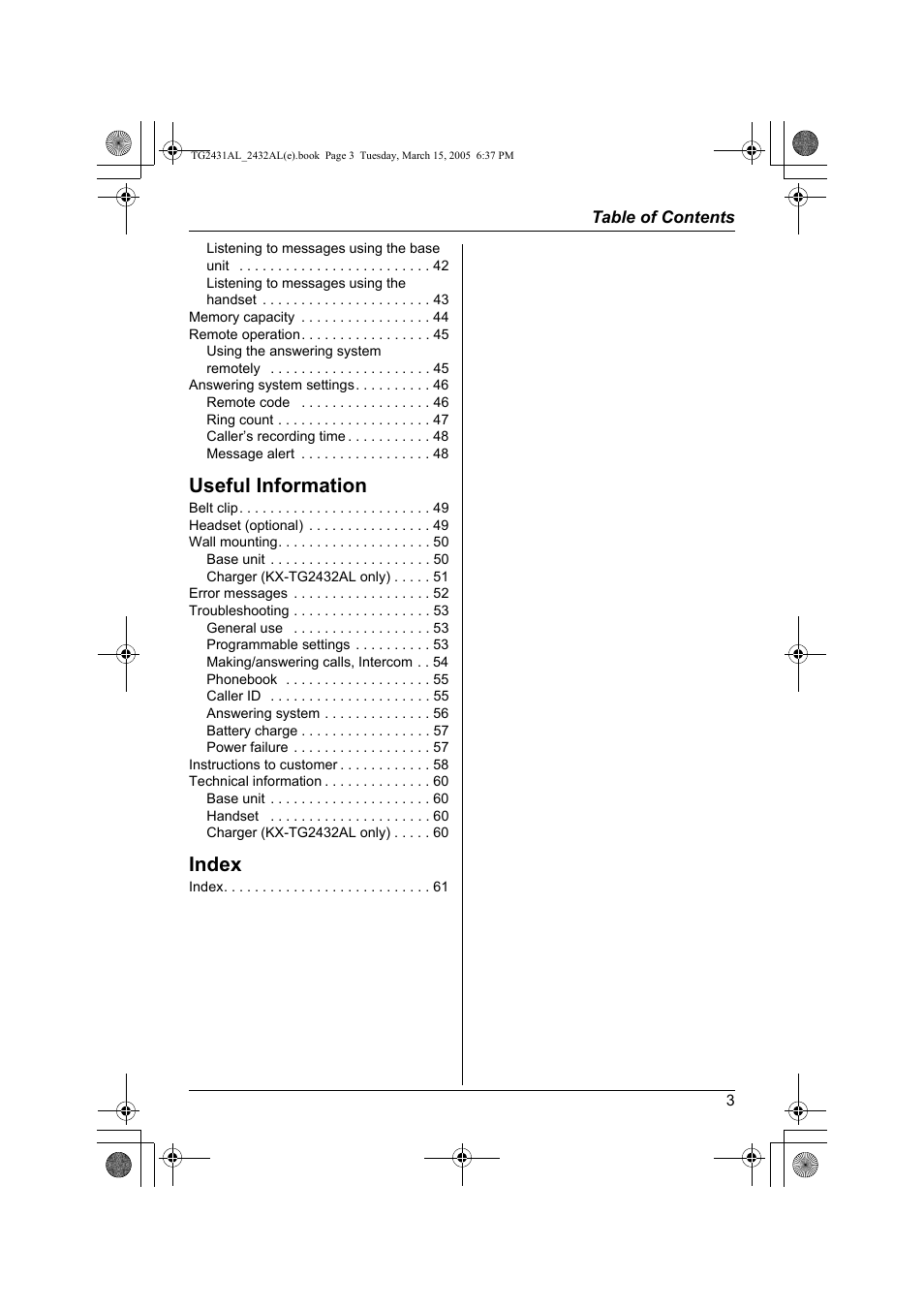 Useful information, Index | Panasonic KX-TG2432AL User Manual | Page 3 / 64