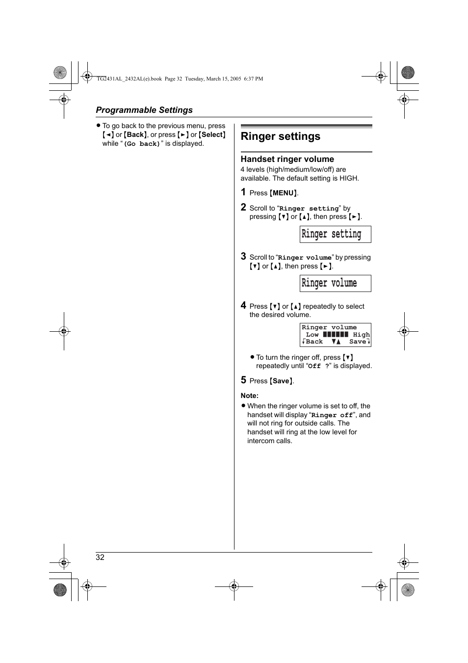 Ringer setting ringer volume, Ringer settings | Panasonic KX-TG2432AL User Manual | Page 32 / 64