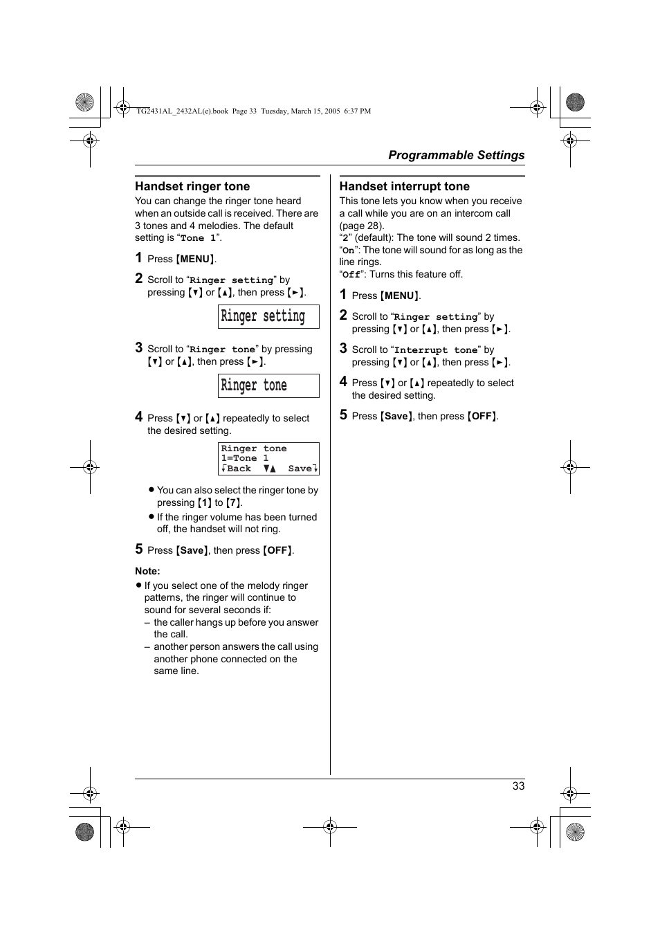 Ringer setting ringer tone | Panasonic KX-TG2432AL User Manual | Page 33 / 64