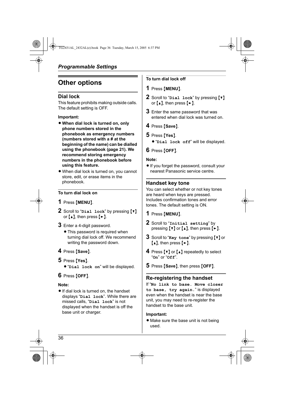 Other options | Panasonic KX-TG2432AL User Manual | Page 36 / 64