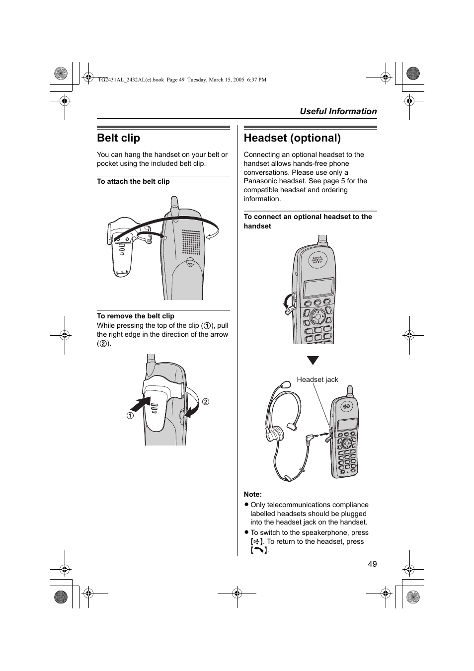 Belt clip, Headset (optional) | Panasonic KX-TG2432AL User Manual | Page 49 / 64