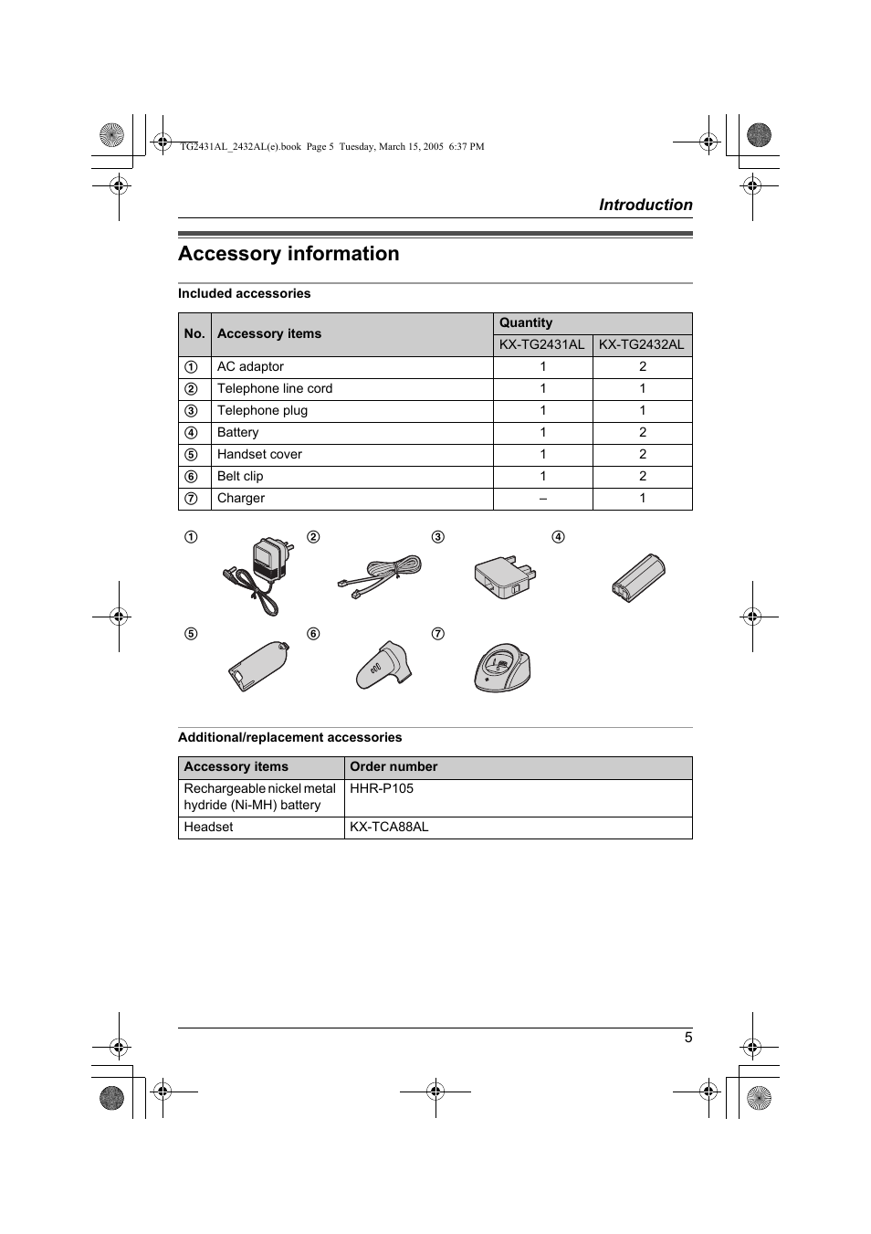 Accessory information | Panasonic KX-TG2432AL User Manual | Page 5 / 64