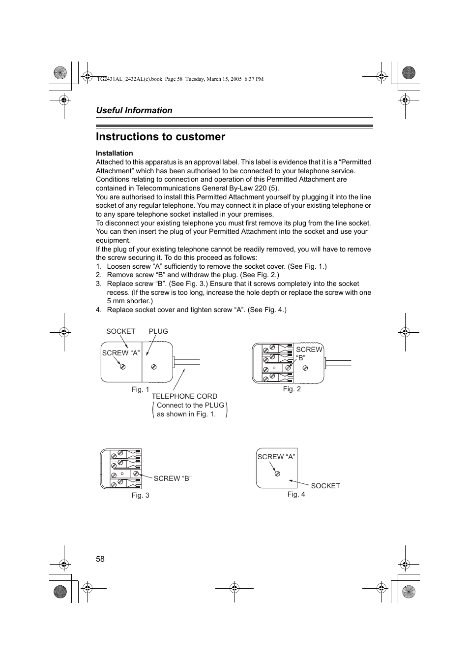 Instructions to customer | Panasonic KX-TG2432AL User Manual | Page 58 / 64