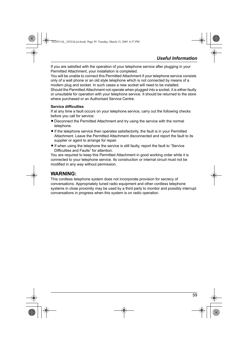 Warning | Panasonic KX-TG2432AL User Manual | Page 59 / 64