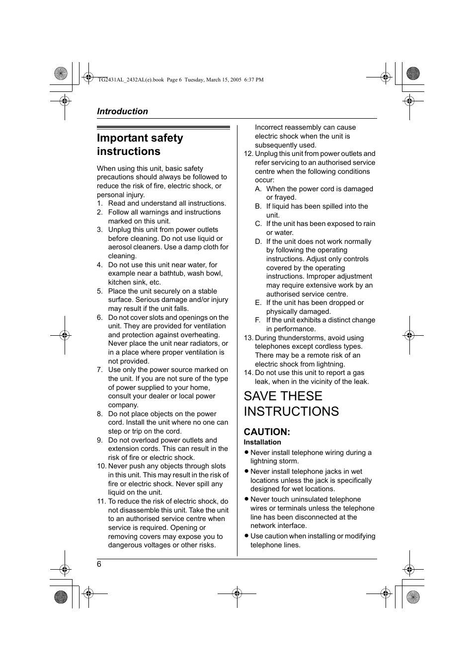 Save these instructions, Important safety instructions, Caution | Panasonic KX-TG2432AL User Manual | Page 6 / 64