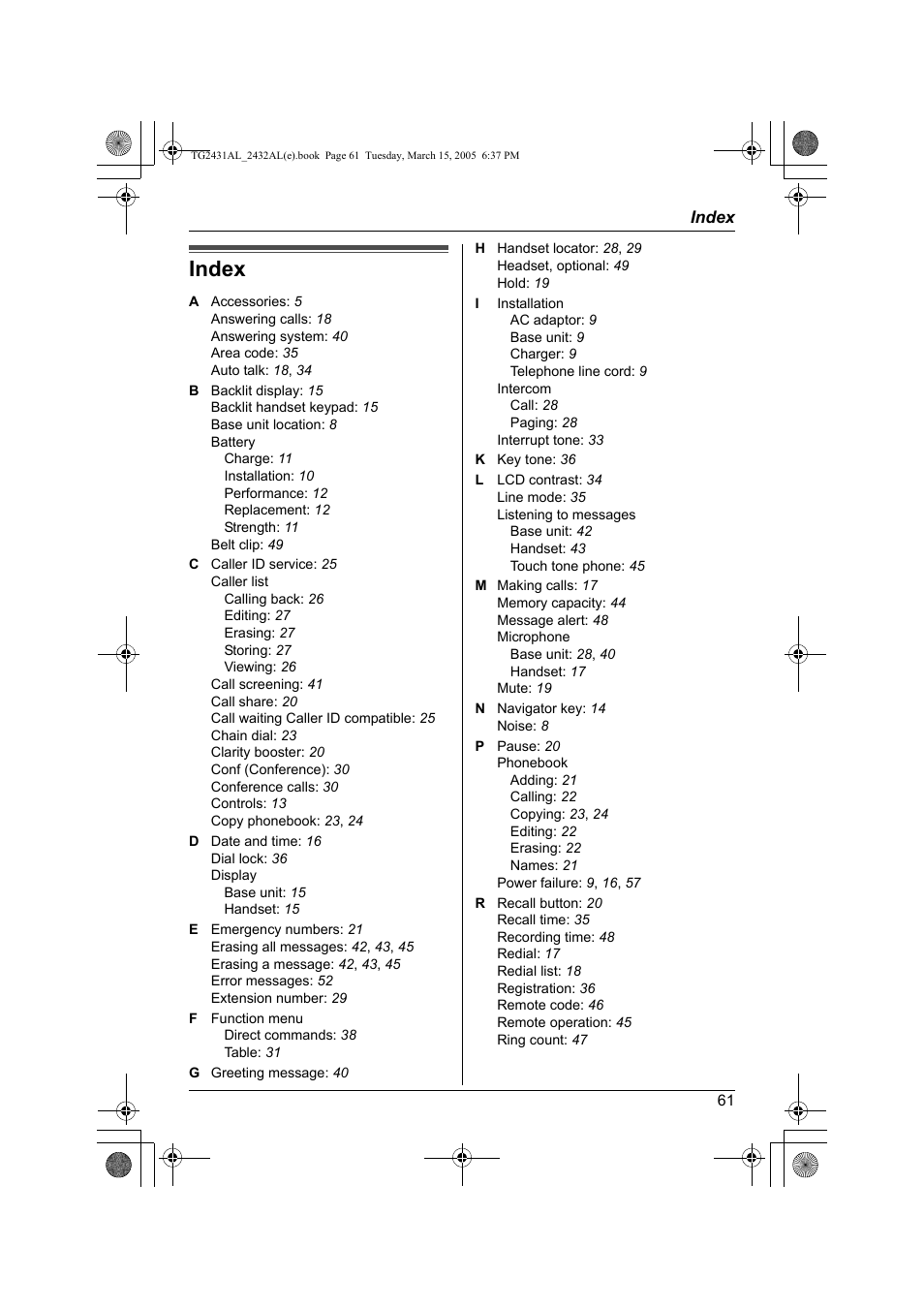 Index | Panasonic KX-TG2432AL User Manual | Page 61 / 64