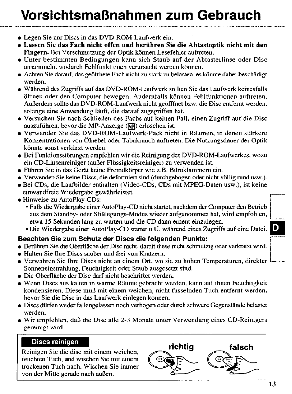 Vorsichtsmaßnahmen zum gebrauch, Falsch, Richtig falsch | Panasonic CF-VDD723 User Manual | Page 13 / 28