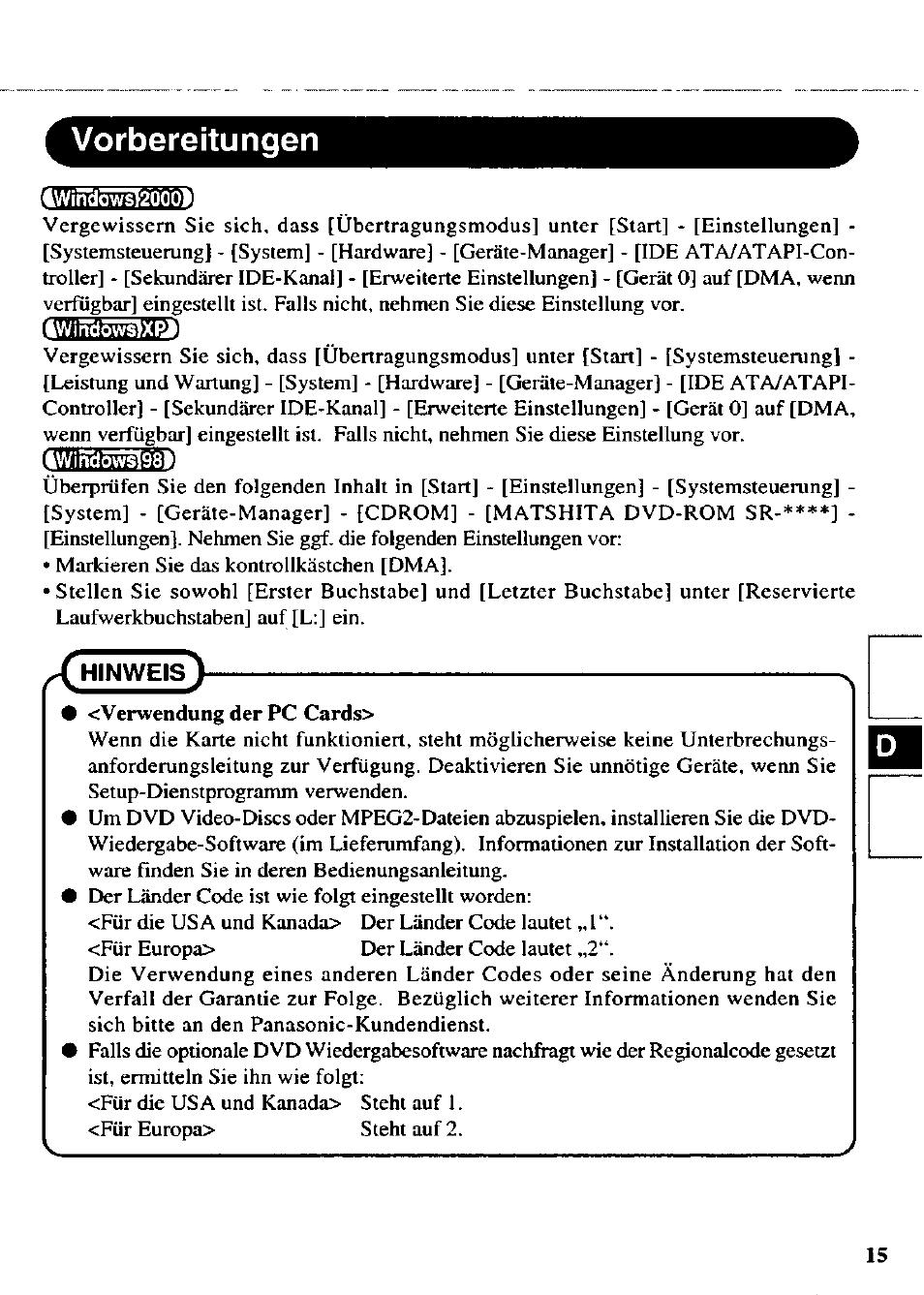 Vorbereitungen, Hinweis) | Panasonic CF-VDD723 User Manual | Page 15 / 28