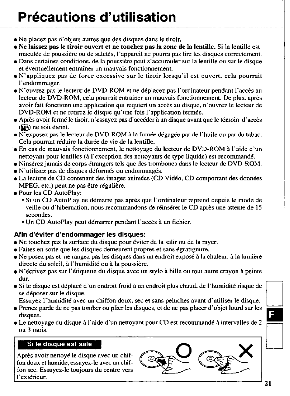 Précautions d’utilisation, Afin d’éviter d’endommager les disques, Si le disque est sale | Panasonic CF-VDD723 User Manual | Page 21 / 28