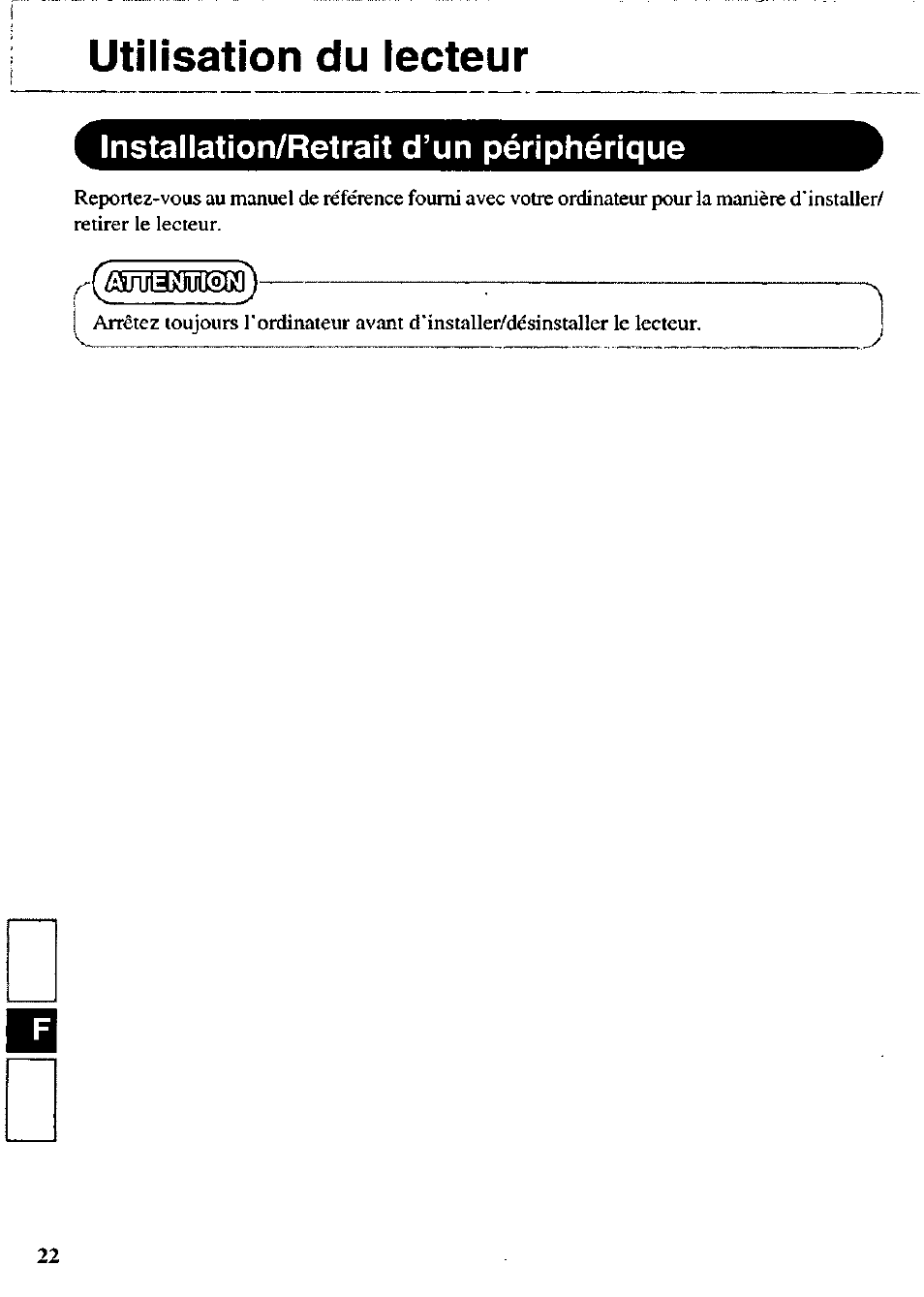 Utilisation du lecteur, Installation/retrait d’un périphérique, Alînenmiqn | Panasonic CF-VDD723 User Manual | Page 22 / 28