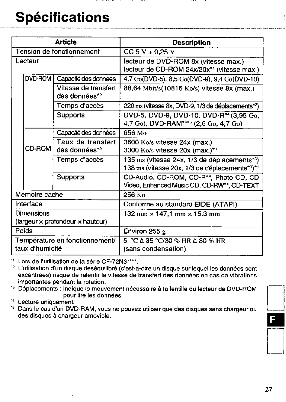 Spécifications | Panasonic CF-VDD723 User Manual | Page 27 / 28