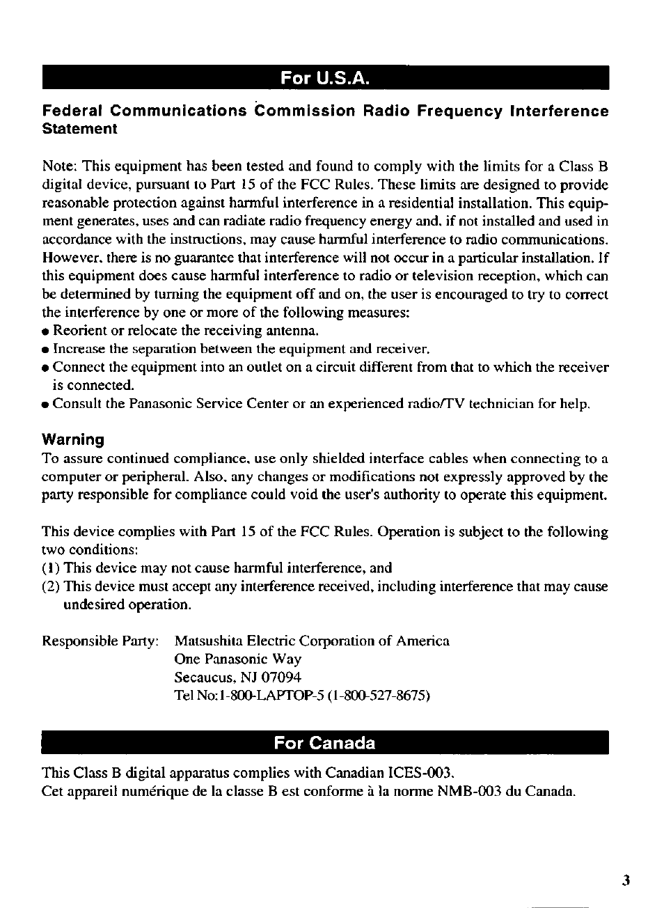 For u.s.a, For canada | Panasonic CF-VDD723 User Manual | Page 3 / 28