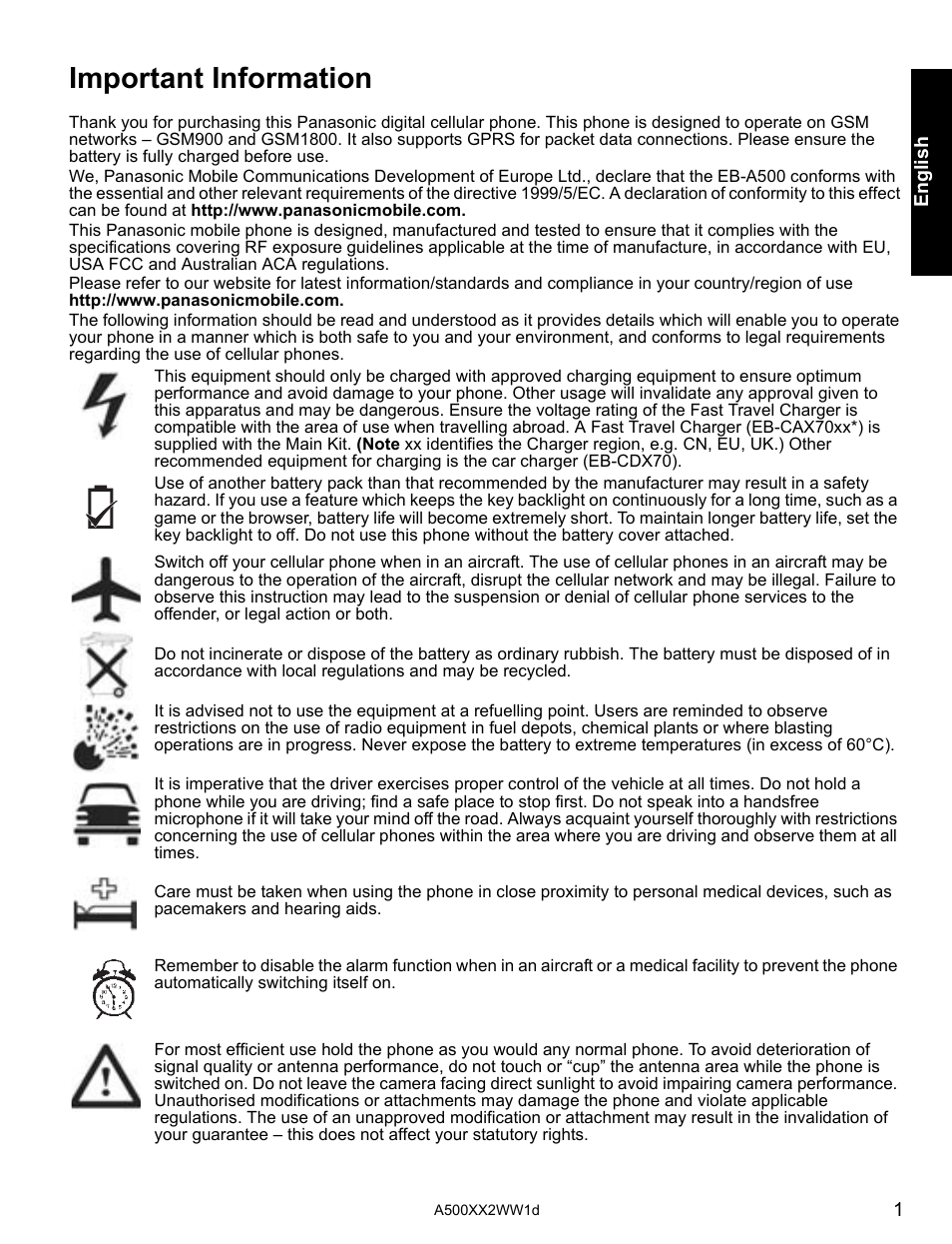 Important information | Panasonic A500 User Manual | Page 2 / 47