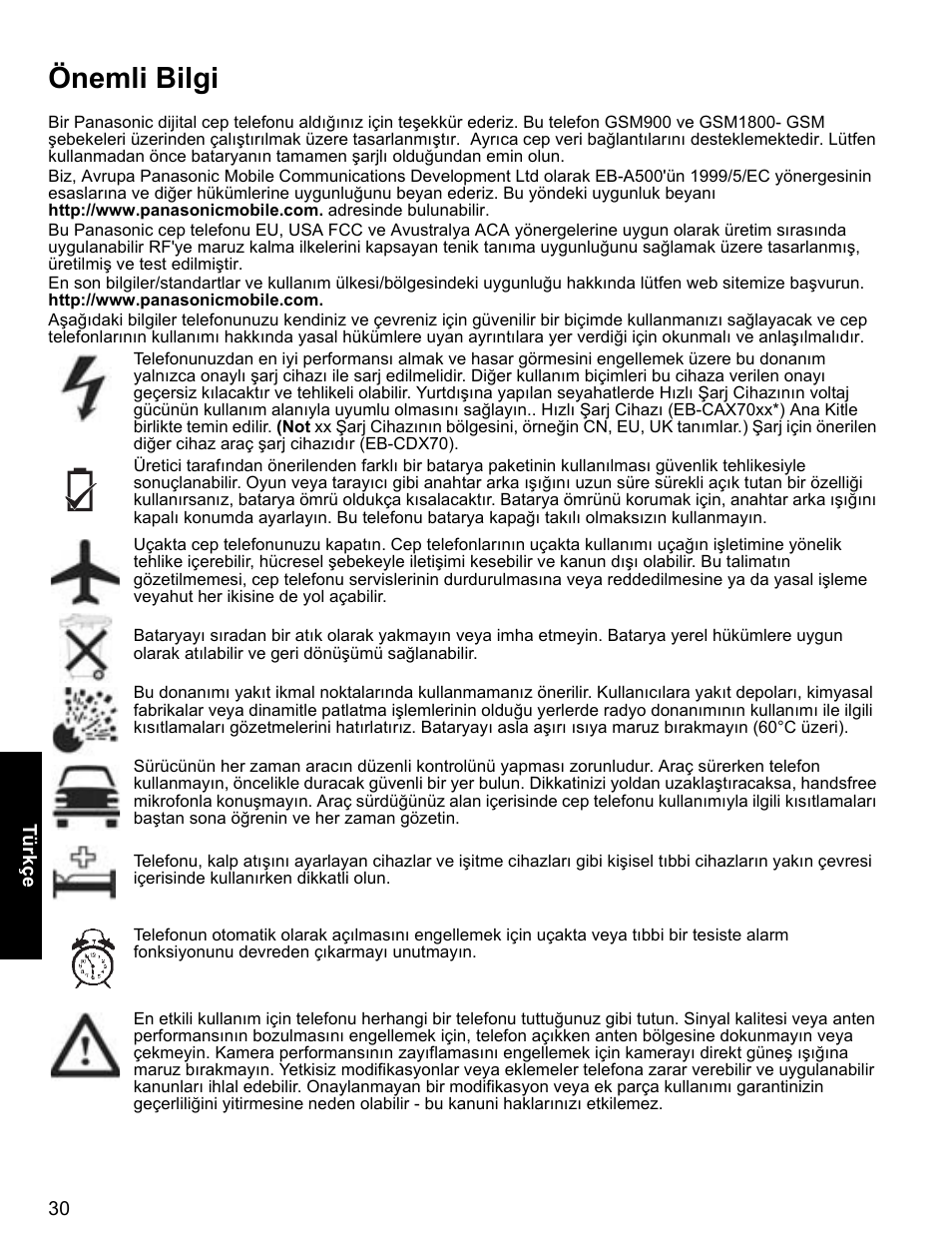 Önemli bilgi | Panasonic A500 User Manual | Page 31 / 47