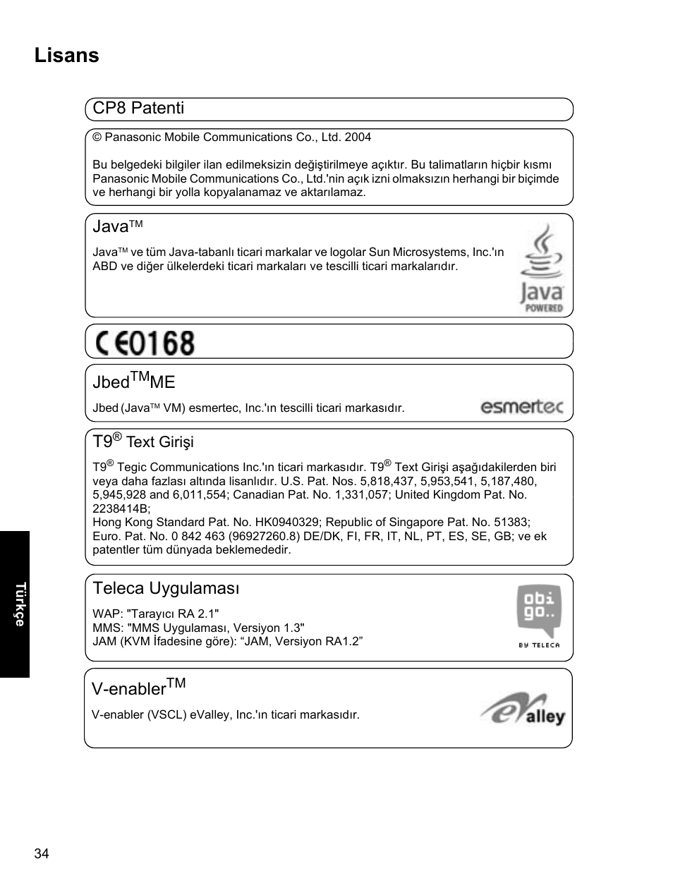 Lisans, Cp8 patenti, Java | Jbed, Teleca uygulaması, V-enabler | Panasonic A500 User Manual | Page 35 / 47