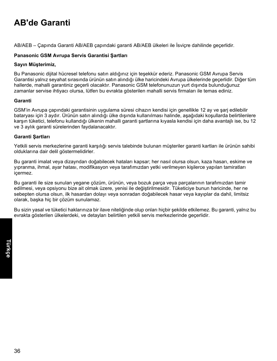 Ab'de garanti | Panasonic A500 User Manual | Page 37 / 47