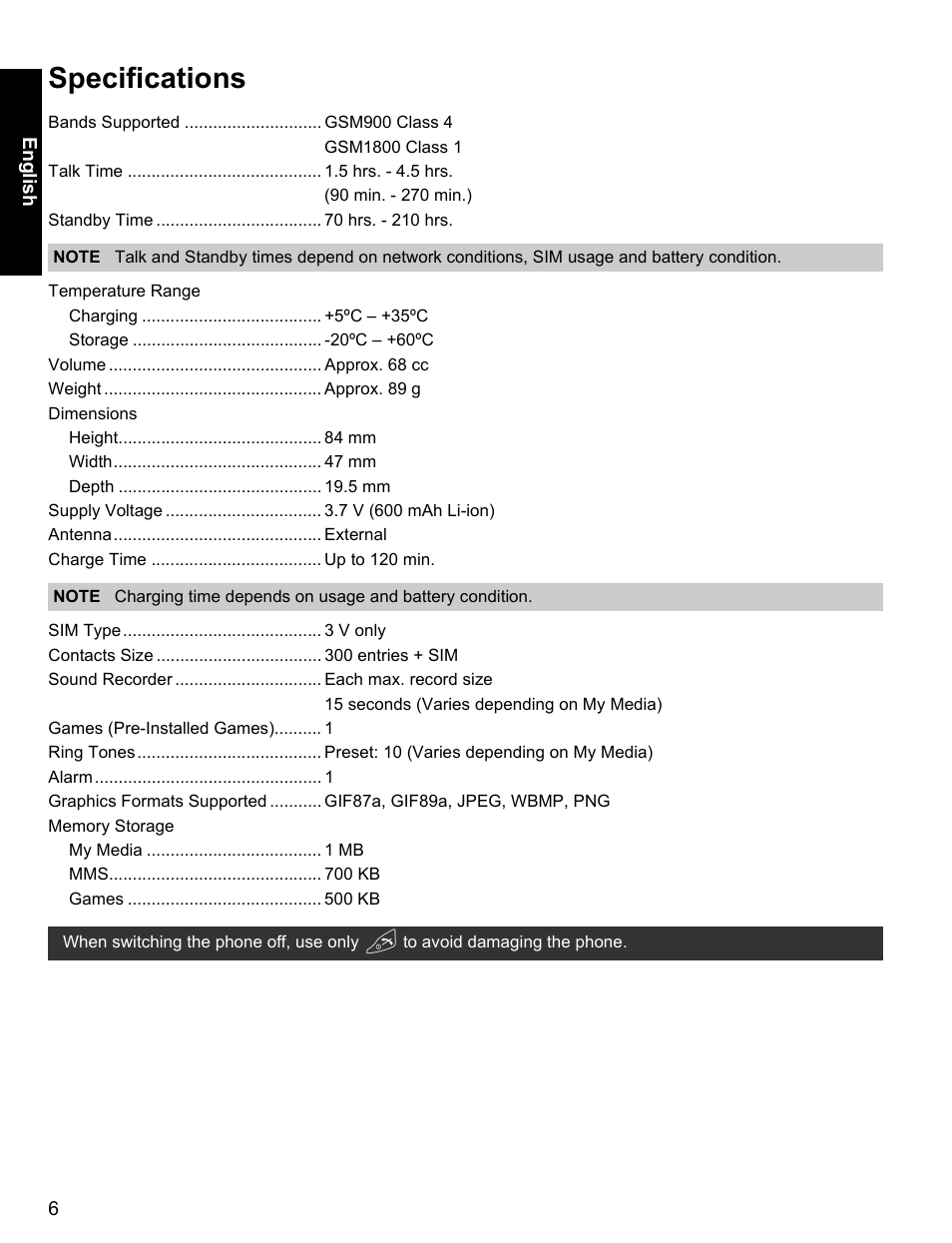 Specifications | Panasonic A500 User Manual | Page 7 / 47