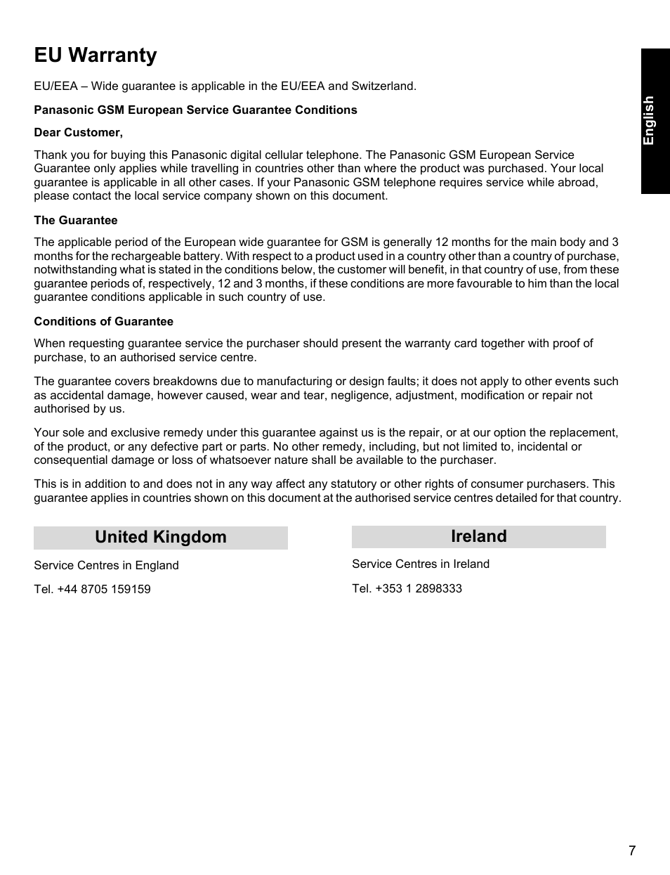 Eu warranty, United kingdom ireland | Panasonic A500 User Manual | Page 8 / 47