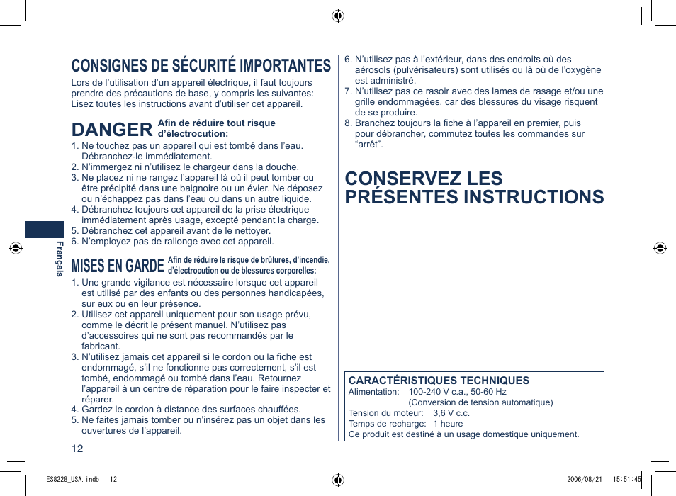 Danger, Mises en garde, Conservez les présentes instructions | Consignes de sécurité importantes | Panasonic ES8228 User Manual | Page 12 / 32