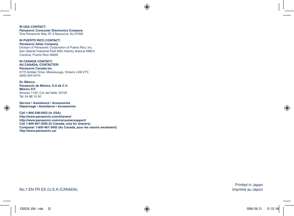 Panasonic ES8228 User Manual | Page 32 / 32