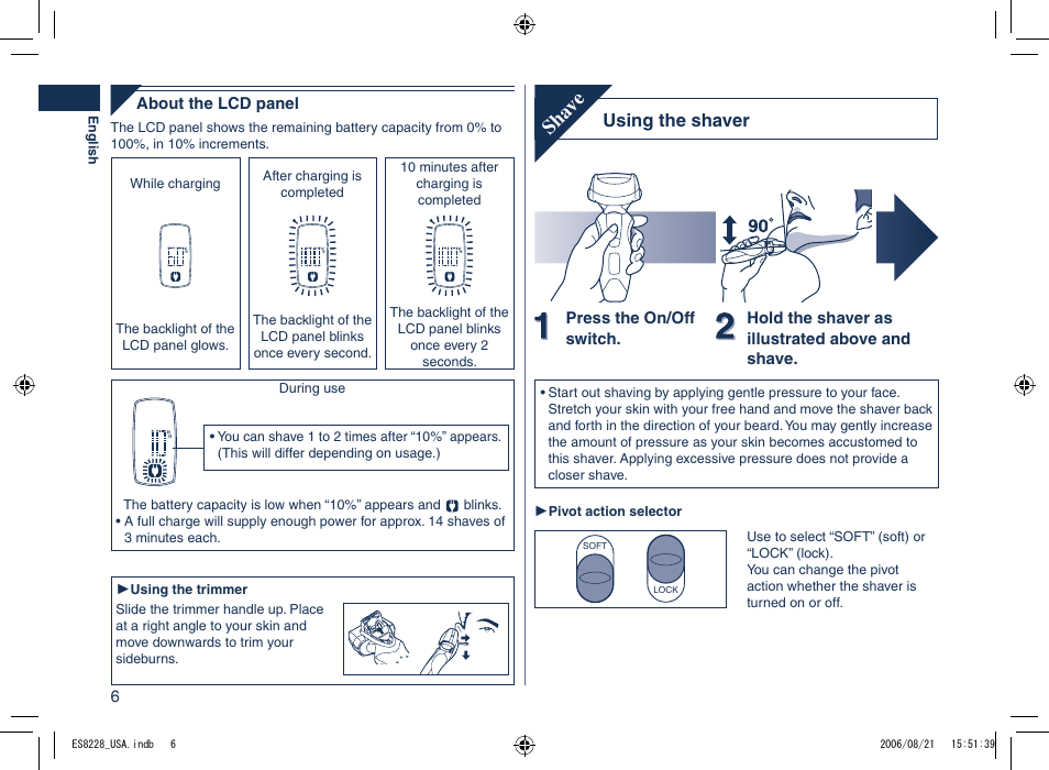 Sha ve, Using the shaver | Panasonic ES8228 User Manual | Page 6 / 32