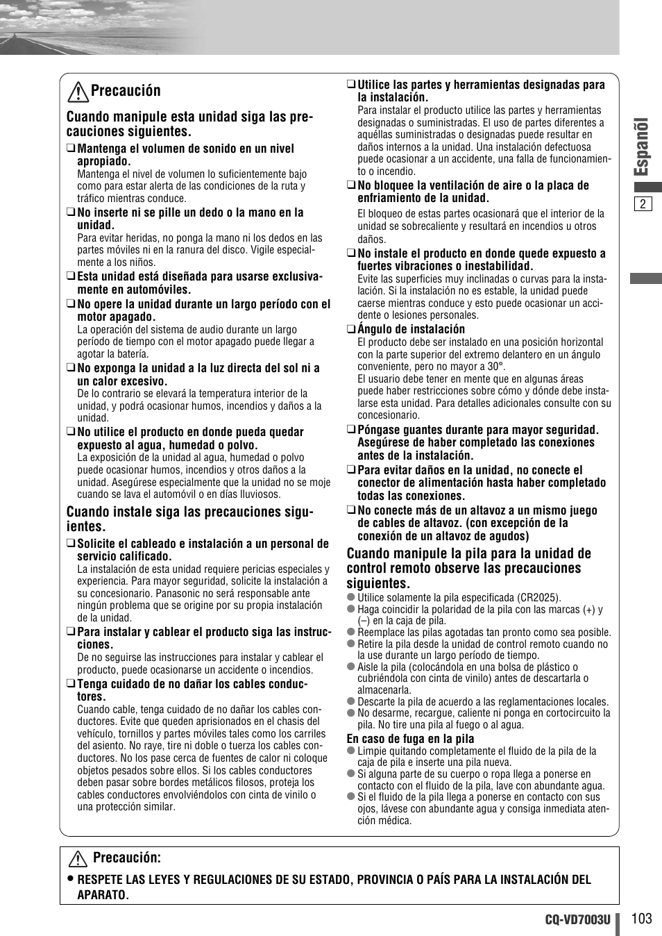 Espanõl, Precaución | Panasonic CQ-VD7003U User Manual | Page 103 / 150