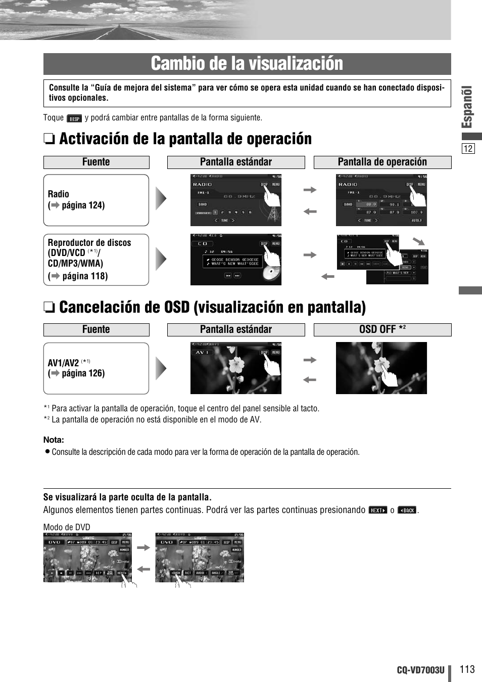 Cambio de la visualización, Espanõl | Panasonic CQ-VD7003U User Manual | Page 113 / 150