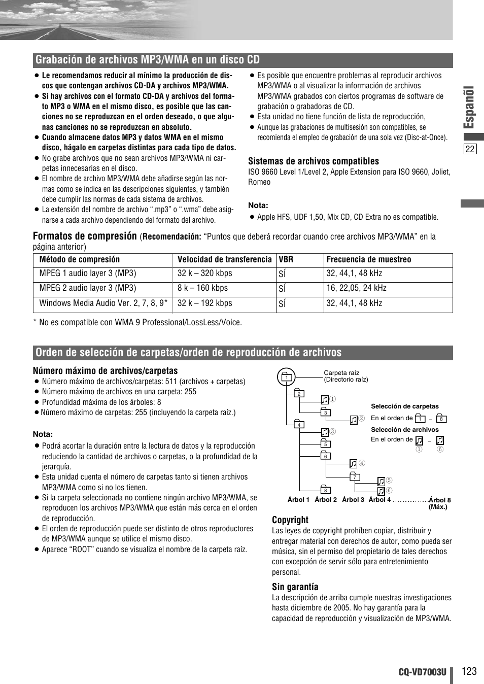 Espanõl, Grabación de archivos mp3/wma en un disco cd, Formatos de compresión | Panasonic CQ-VD7003U User Manual | Page 123 / 150