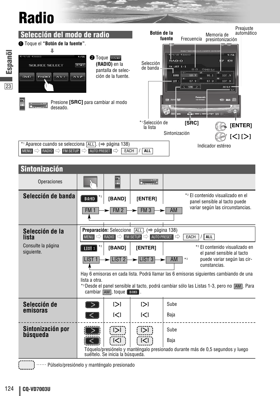 Radio, Espanõl, Sintonización | Selección del modo de radio, Selección de banda selección de la lista, Selección de emisoras sintonización por búsqueda, Cq-vd7003u, Fm 1 fm 2 fm 3 am, List 1 list 2 list 3 am, Enter | Panasonic CQ-VD7003U User Manual | Page 124 / 150