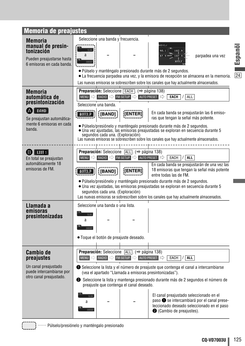 Espanõl, Llamada a emisoras presintonizadas, Cambio de preajustes | Panasonic CQ-VD7003U User Manual | Page 125 / 150