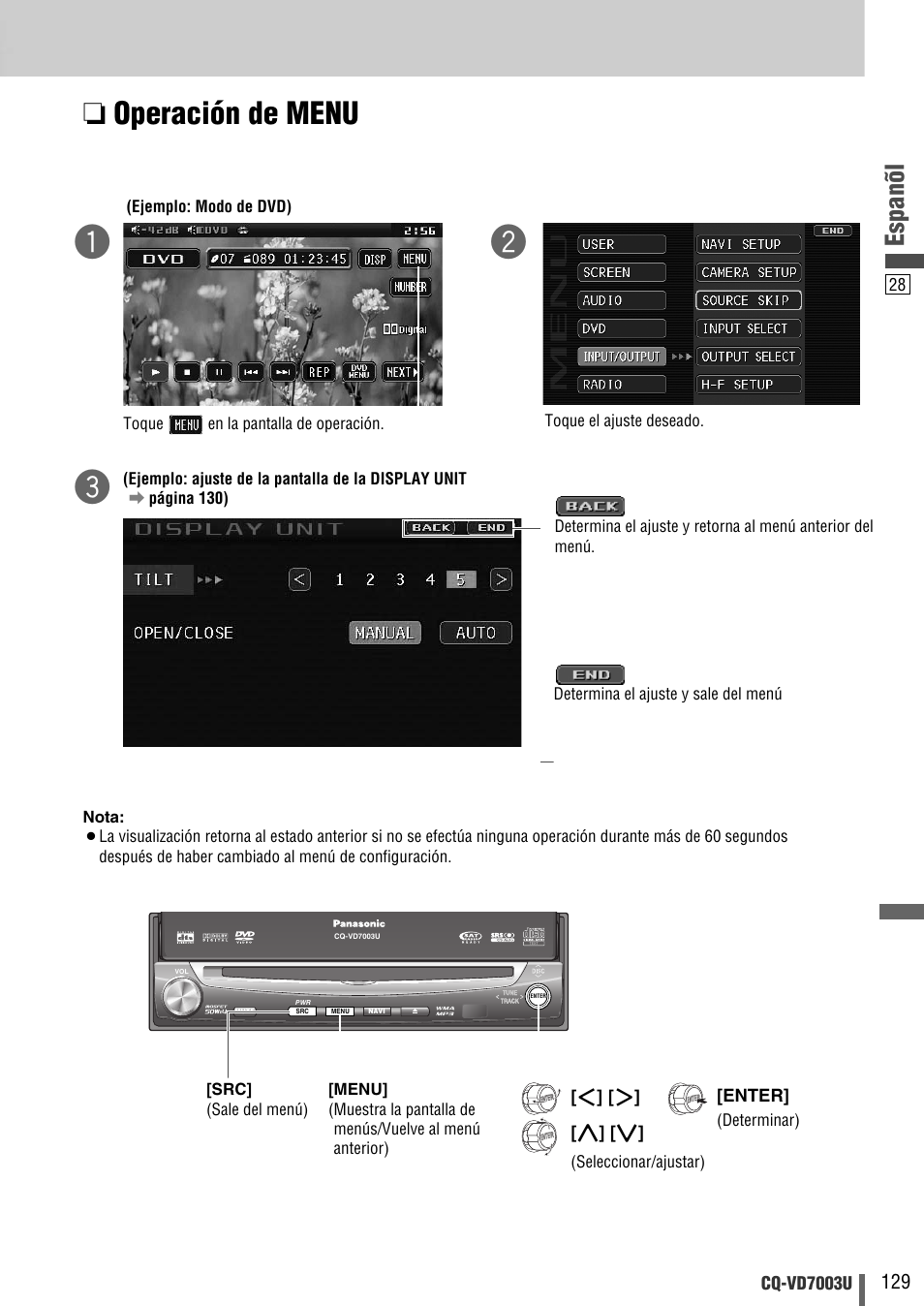 Operación de menu, Espanõl, Cq-vd7003u | Enter | Panasonic CQ-VD7003U User Manual | Page 129 / 150