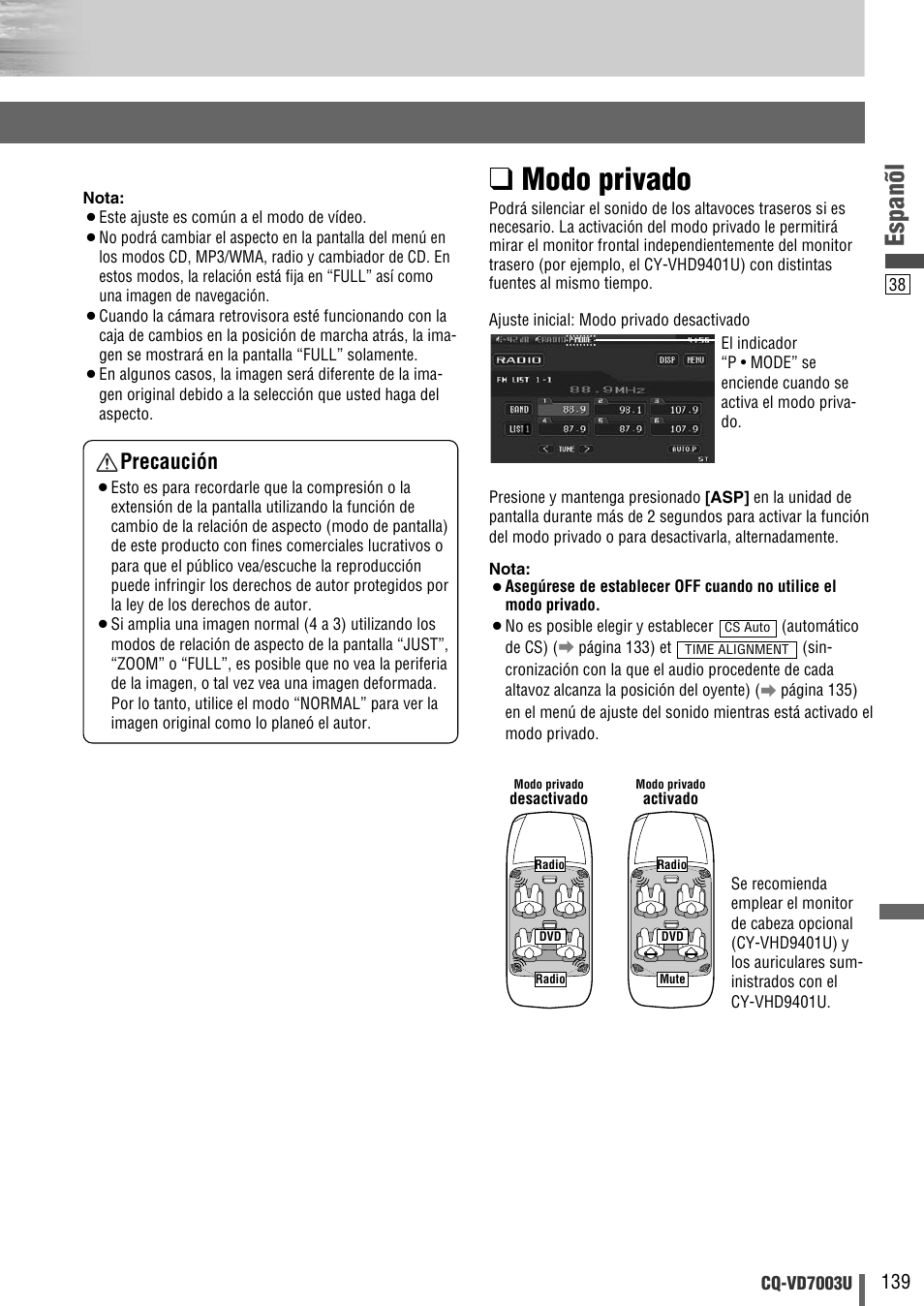 Modo privado, Espanõl, Precaución | Panasonic CQ-VD7003U User Manual | Page 139 / 150