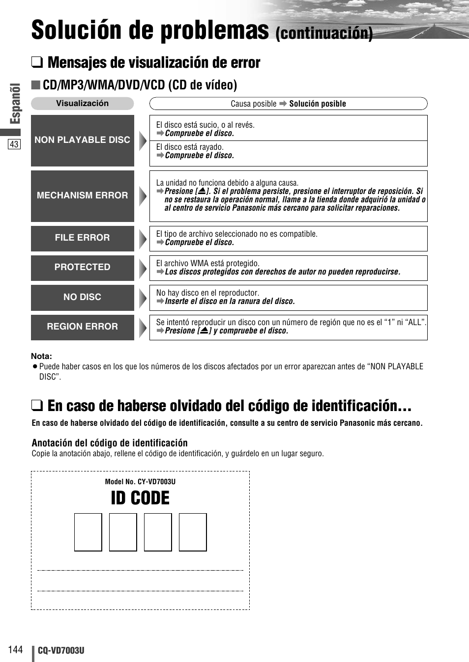 Solución de problemas, Id code, Continuación) | Mensajes de visualización de error, Espanõl, Cd/mp3/wma/dvd/vcd (cd de vídeo) | Panasonic CQ-VD7003U User Manual | Page 144 / 150